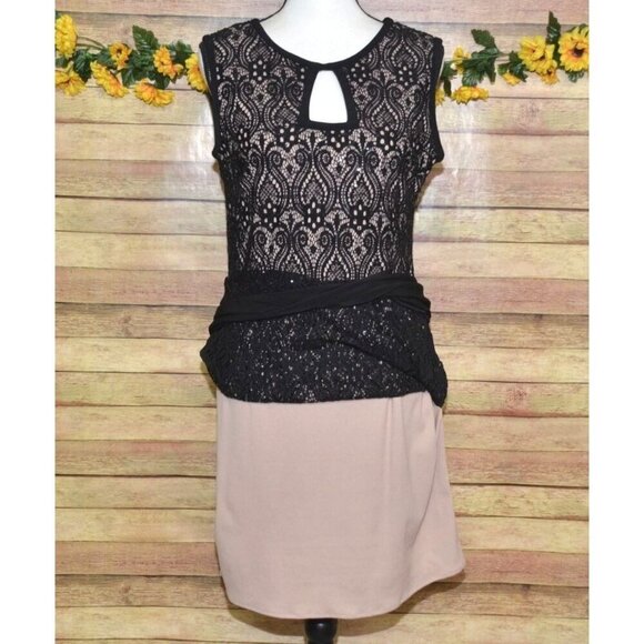 R&M Richards Ladies 12 Black Taupe Sequin Lace Sheath Dress Evening Wear Party - Picture 9 of 12